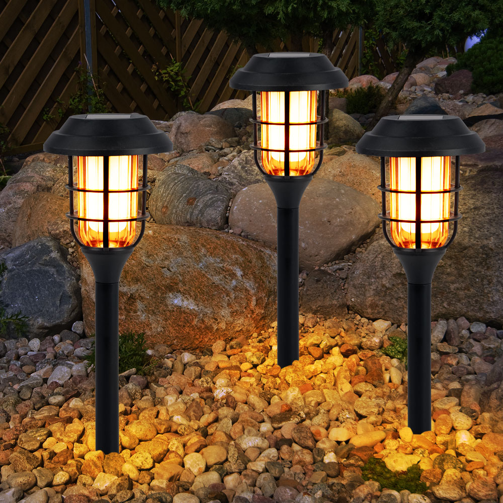 Solar lamp decorative outdoor light ground spike garden lamp lantern solar  flame effect, plastic black, battery 6-8h, LED warm white, DxH 12x43 cm,  set of 3 | Meine Lampe