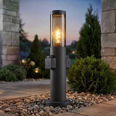 Staande lamp, 2x contactdoos, roestvrij staal, antraciet rook, H 45 cm