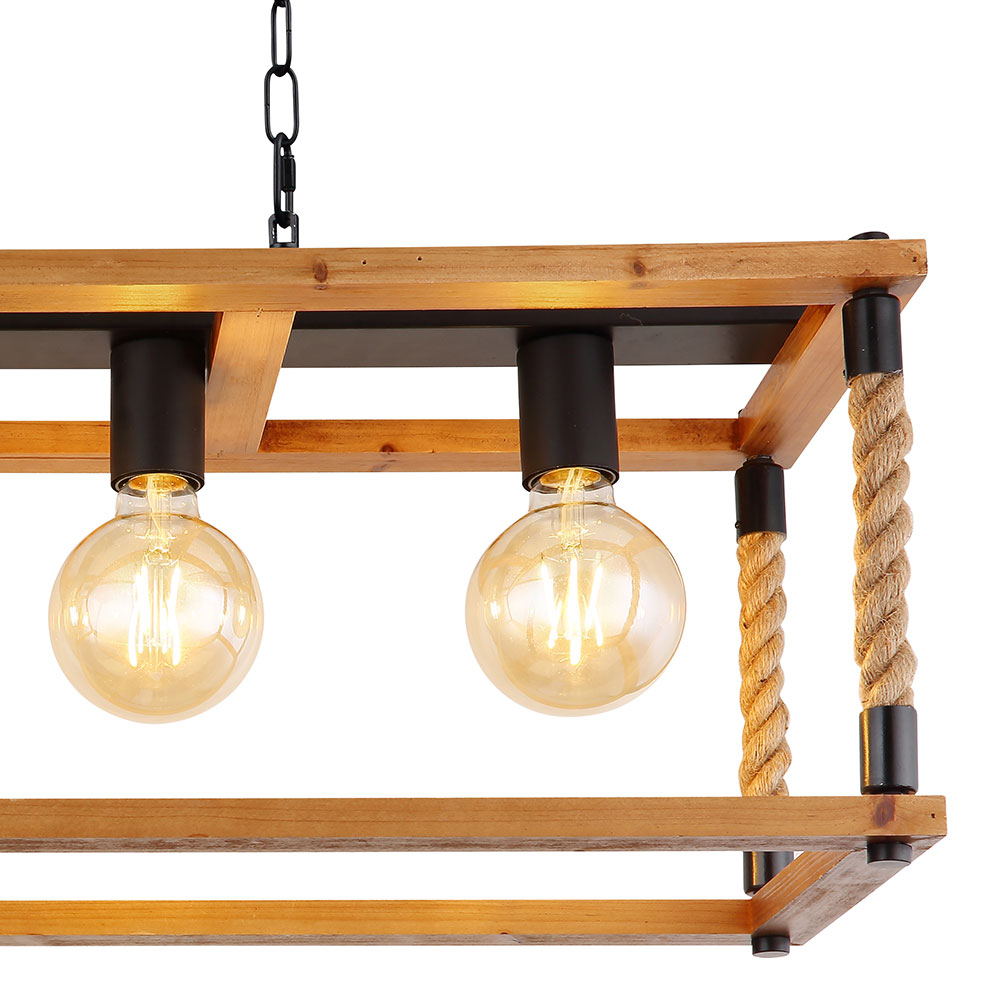 Lampe suspendue poutres en bois suspension corde de chanvre rétro cage en  bois lampe de salle à manger design suspendue 4 flammes, câble noir, 4x  E27, LxPxH 105x21x120 cm