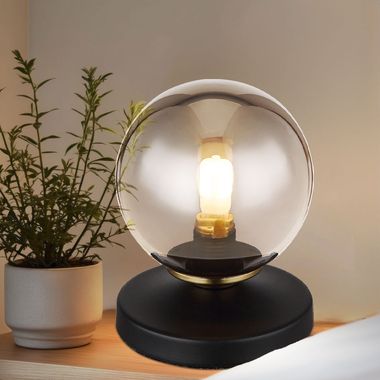 Lampa stołowa, kula z dymionego szkła, czarna, wys. 13 cm