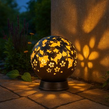 Gartenleuchte Solarlampe, LED Kugel schwarz, Schmetterling