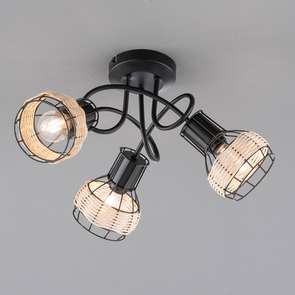 Deckenleuchte Boho Wohnzimmerlampe Deckenlampe 3 flammig, Metall schwarz,  Rattan natur, 3x E14, DxH 42 x 22,5 cm | ETC Shop