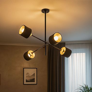 Deckenleuchte, Metall Stoff, Schwarz, 4 Flammig, H 81cm