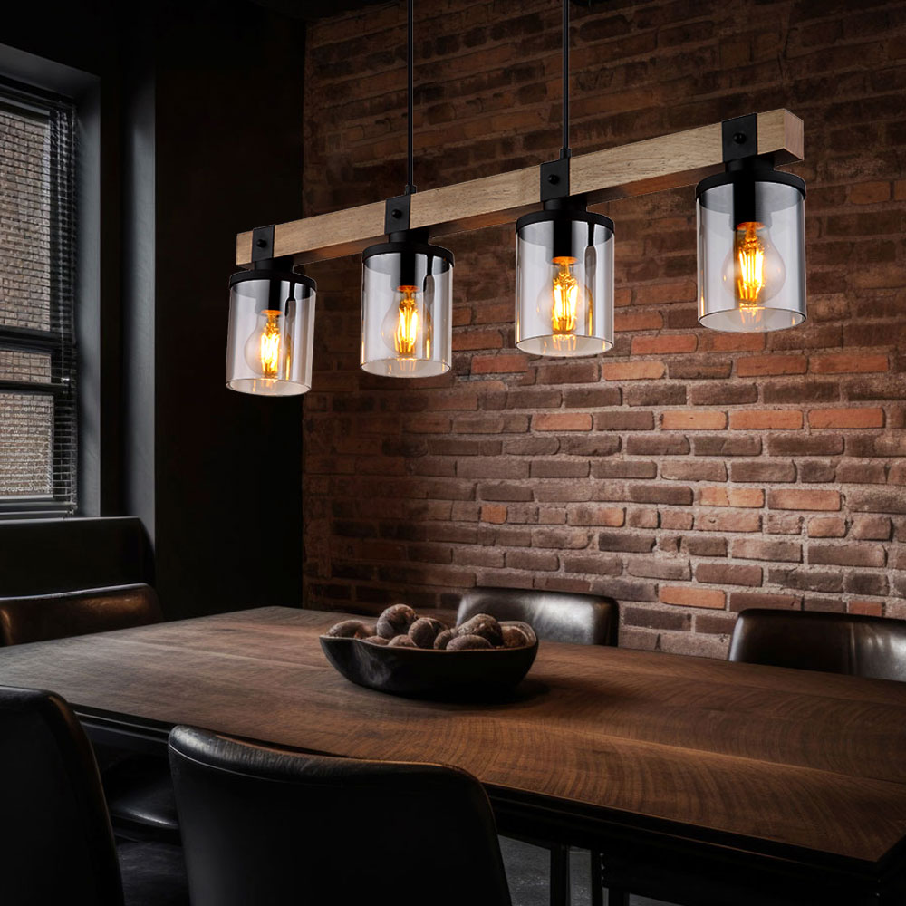 Hanging light dining room light pendant lamp ceiling light living room lamp, black metal cylindrical glass shades smoked wood dark brown, 4 bulbs E27, H 133 cm | ETC Shop: lamps, furniture, Hanging light dining room light pendant lamp ceiling light living room lamp, black metal cylindrical glass shades smoked wood dark brown, 4 bulbs E27, H 133 cm | ETC Shop: lamps, furniture,