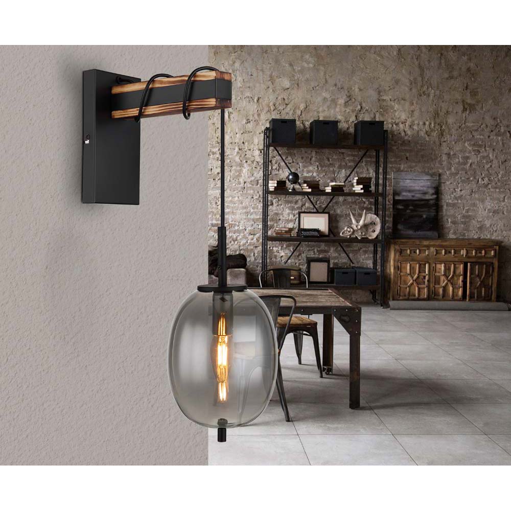 Wandlampe Wandleuchte Schlafzimmerleuchte Holzlampe mit Glasschirm zum  wickeln, Metall schwarz rauchfarben, 1x E27 Fassung, BxH 15,5x100 cm | ETC  Shop