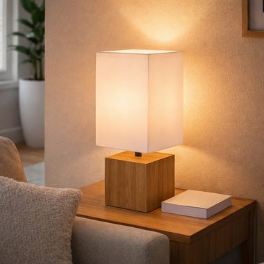 Lampada da tavolo, legno naturale, tessuto bianco, H 30 cm
