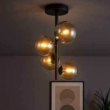 Plafonnier LED, verre, noir, fumé, 4-lumières