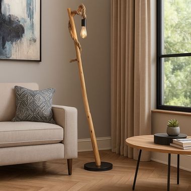 Staande lamp, hout, bruin, zwart, henneptouw, H 150 cm