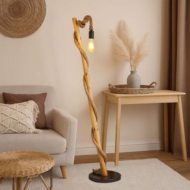 Beistellleuchte, Holz, braun, schwarz, Hanfseil, H 150 cm