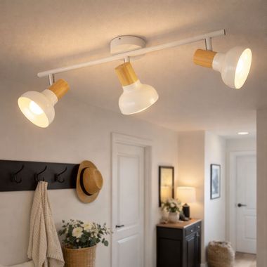 Lampa sufitowa biała, drewno, regulowane reflektory, L 49 cm