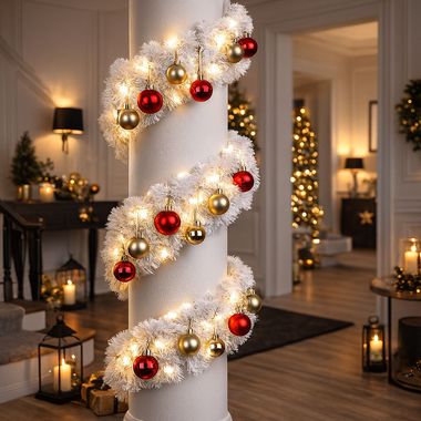 LED-spar slinger, wit, kerstboom kerstballen rood goud, L 500cm