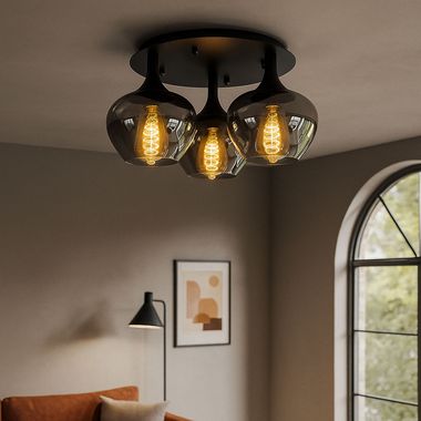 Lampa sufitowa, 3 światła, metal przydymione szkło, czarny, D 45 cm