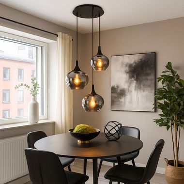 Lampe à suspension, métal, verre, fumé, 3 lumières