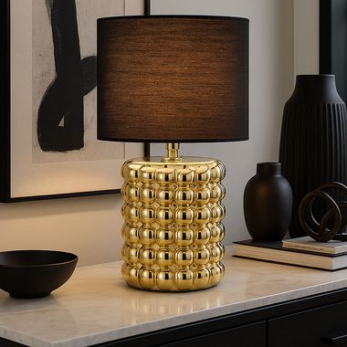 Tischlampe, Keramik Textil Gold, Schwarz, H 33 cm