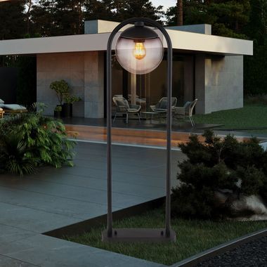 Lampadaire, boule en verre, noir, fumé, IP44, H 100 cm