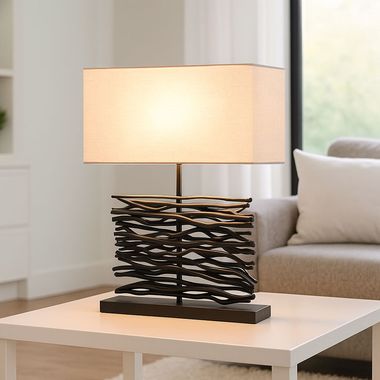 LED Tischlampe, Holz, Stoffschirm, grau, schwarz, H 50 cm 