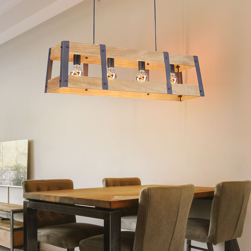 Hanging lamp pendant lamp dining room lamp, 4 flames, modern wooden lamp in  country house style, metal, black, matt, 4x E27 socket, LxWxH 85x23x120 cm