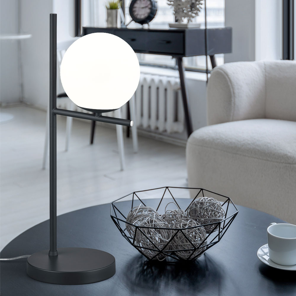 Tischlampe schwarz Nachttisch Lampe Tischleuchte Glaskugel weiß,  Schlafzimmer Metall Glas, 1x E14 Fassung, DxH 18x52cm | ETC Shop