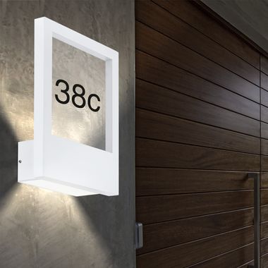 Wandlamp, huisnummer, aluminium glas, wit, IP44, H 33,5 cm