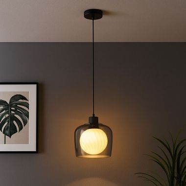 Lampada a sospensione, vetro fumé, retrò, nero, H 150 cm