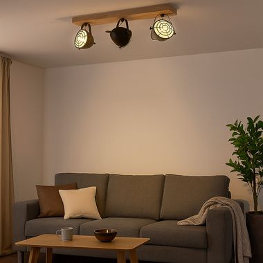 Ceiling lamp, metal wood, black, adjustable spots, L 59 cm