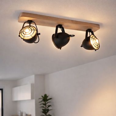 Plafonnier, métal bois, noir, spots orientables, L 59 cm