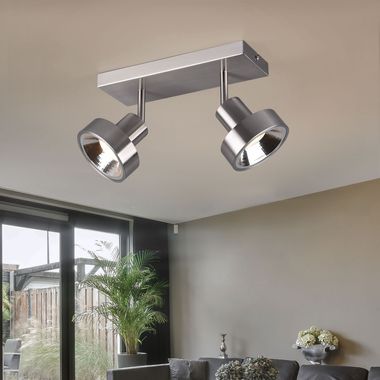 Ceiling light, metal silver, 2 flames, movable spotlight