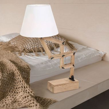 Tischleuchte Holzlampe, Textilschirm, braun weiß, H 83 cm