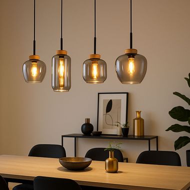 Pendelleuchte, Metall, Schwarz-matt, Glas Rauchfarbe, 4-Flammig