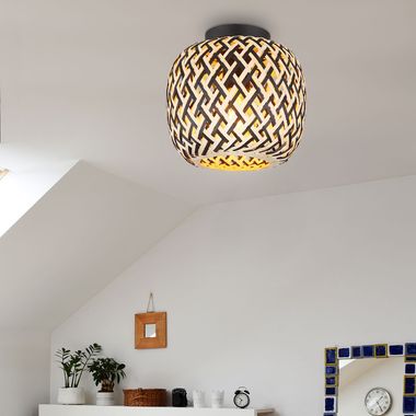 Ceiling light, metal, matt black, bamboo, D 20 cm