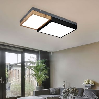 LED Deckenleuchte, Metall, Schwarz-matt, Holzoptik, 65,x65 cm