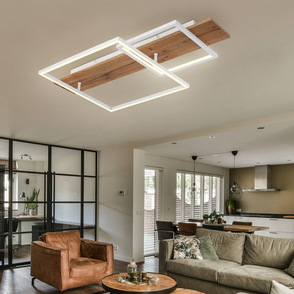led deckenleuchte, metall holz, weiß matt, dimmbar, l 75 cm