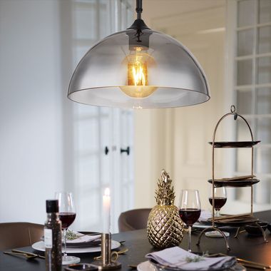 Hanglamp, metaal, mat zwart, rookkleurig glas, D 30 cm