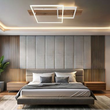 Plafonnier LED, métal bois, blanc mat, dimmable, L 75 cm