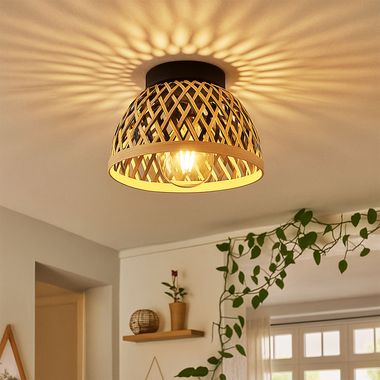 Lampa sufitowa, metalowy bambusowy klosz, czarny brąz, D 20 cm