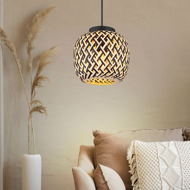 Lampa wisząca, metal, czarny matowy, bambus, D 20 cm