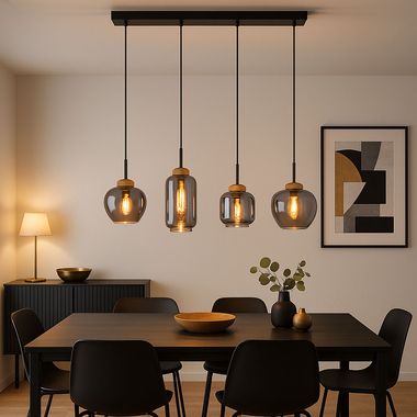 Lampa wisząca, metal, czarny mat, szkło w kolorze dymu, 4 żarówki