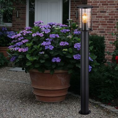 Lampa podłogowa, oświetlenie zewnętrzne, stal nierdzewna, przydymione szkło, wys. 100 cm