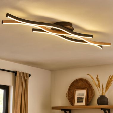 LED Deckenleuchte, Metall, Holzoptik, Schwarz-matt, L 108 cm