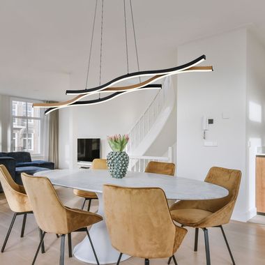 LED pendant light, wood look, matt black, height adjustable, L 108 cm