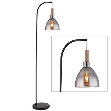 Lampada da terra, nero, vetro color fumo, effetto legno, H 150 cm