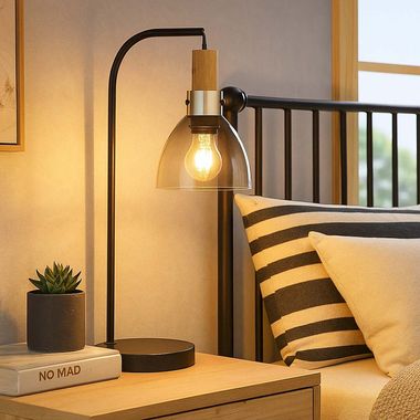 Tischleuchte, Rauchglas, Holz, schwarz, H 55 cm