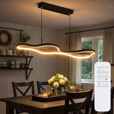 Suspension à LED, métal, noir mat, bois, intensité lumineuse variable, L 80,6 cm