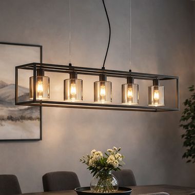 Lampa wisząca, 5 żarówek, regulowana wysokość, dymione szkło, L 95 cm