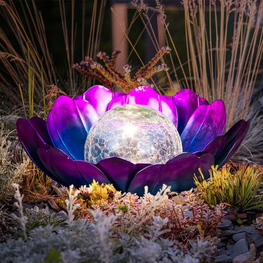 Lampe solaire LED, fleur de lotus, verre métal, bleu lilas, D 25cm