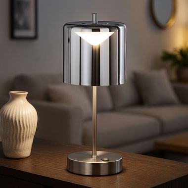 LED Tischleuchte, Metall, Glas Akku, Dimmbar, H 34,5 cm