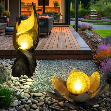 Lot de 2 lampes solaires LED, optique craquelée, fleur de lotus, flamme