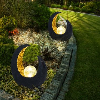 2x LED solar lamp, half moon, black gold, glass ball