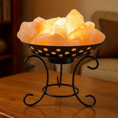 Tischleuchte, Salzkristall-Deko, Naturfarben, D 25,4 cm