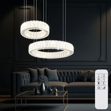 LED pendant lamp, crystals, dimmable, memory, remote control, rings